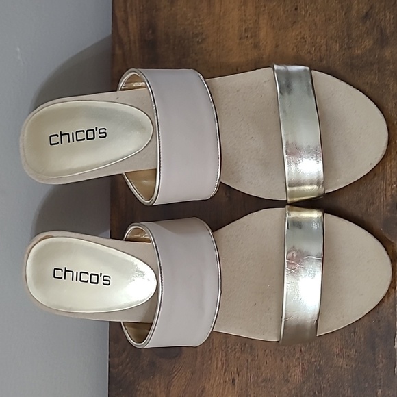 Chico's Gold and Cream Basketweave Wedge Sandal size 8 - Picture 2 of 12